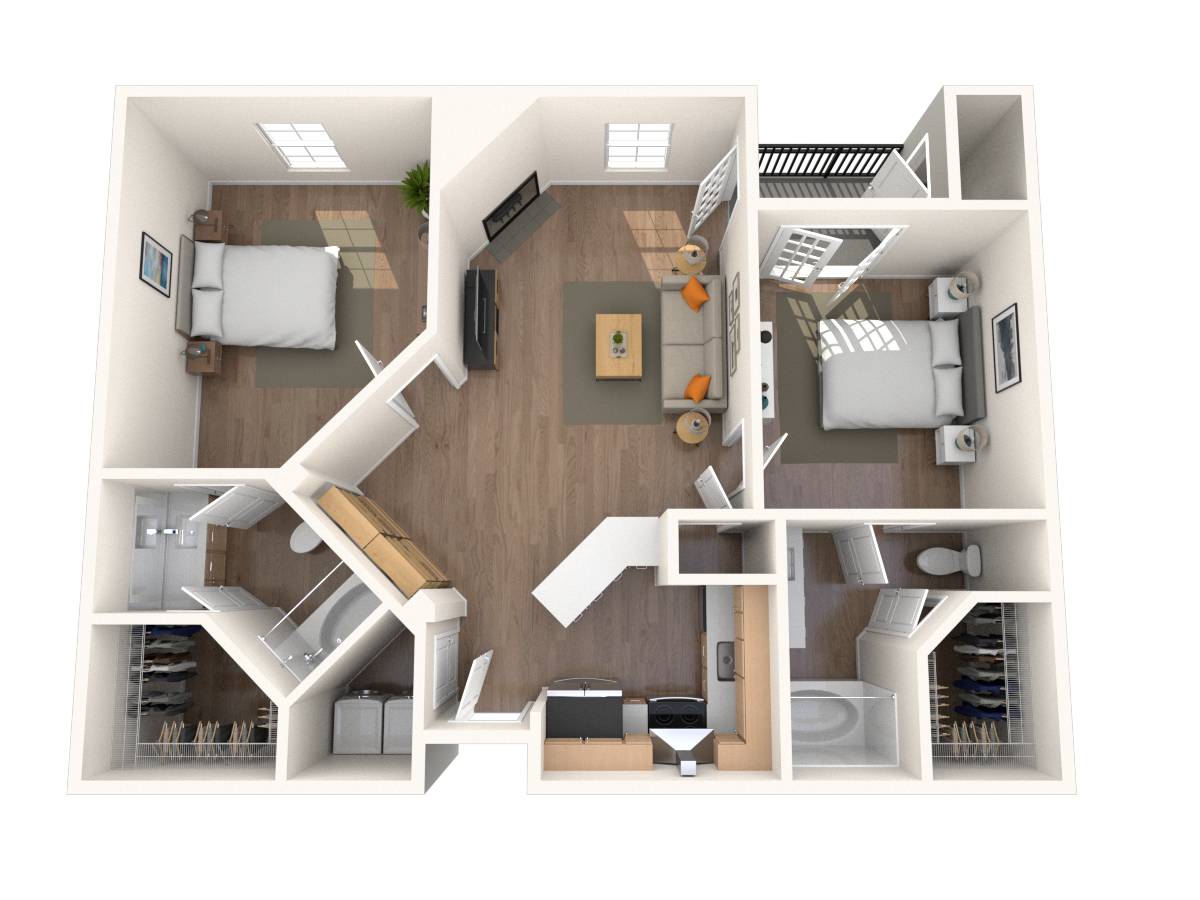 Floor plan for 2 beds, 2 baths, 1057 sqft